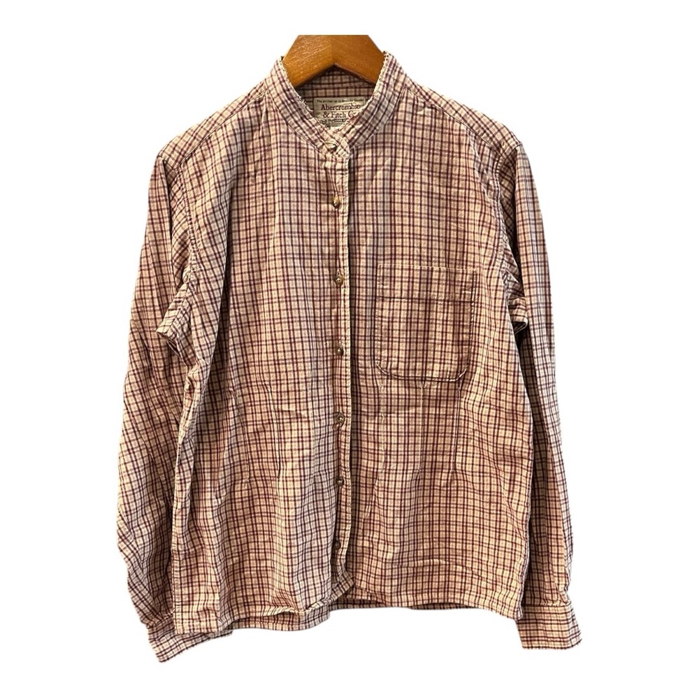 Vintage Abercrombie & Fitch Co. Band Collar Plaid Shirt Medium Maroon Tan